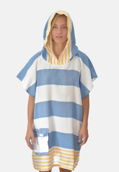 Badeponcho blau-weiß-gelb gestreift | leicht, fair, bio & eco