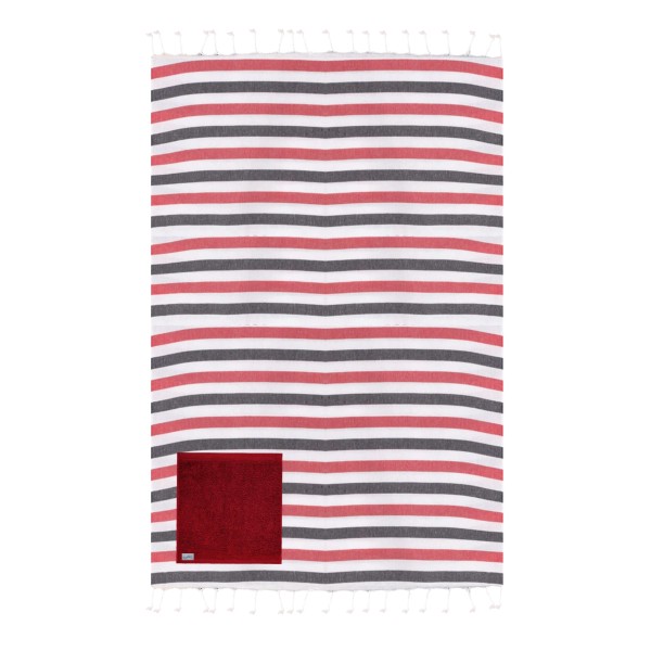 Strandtuch mit Tasche rot-blau-weiß gestreift | fair & eco
